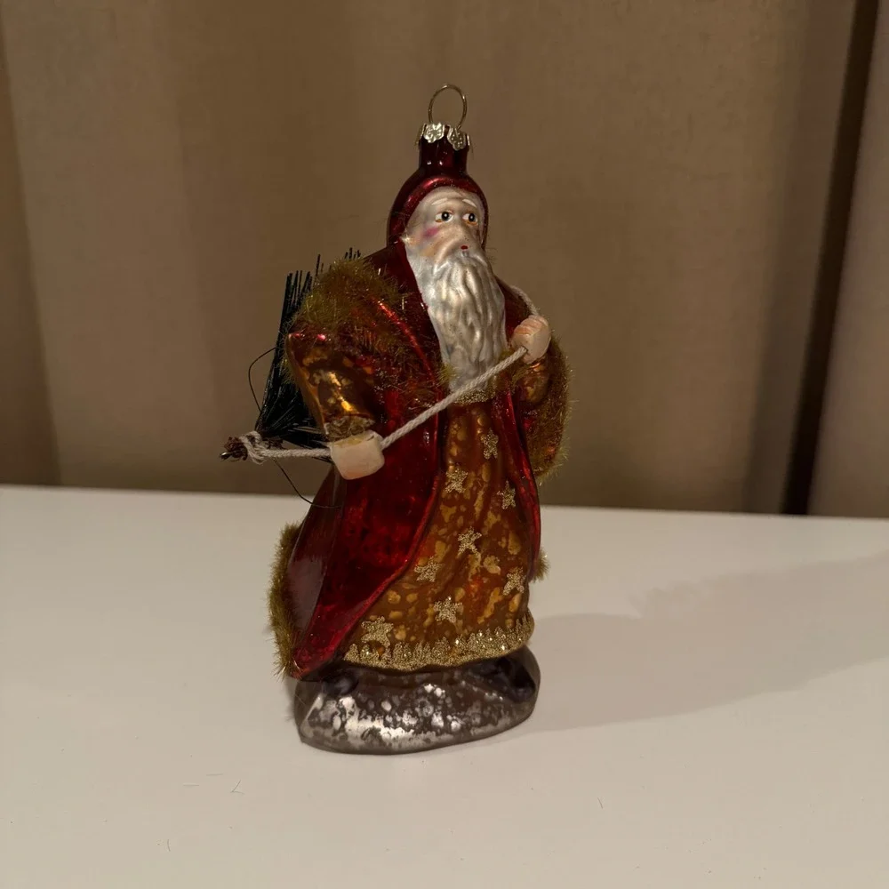 Vintage Style Mercury Glass Santa Claus Ornament with Bottle Brush Tree Red Gold